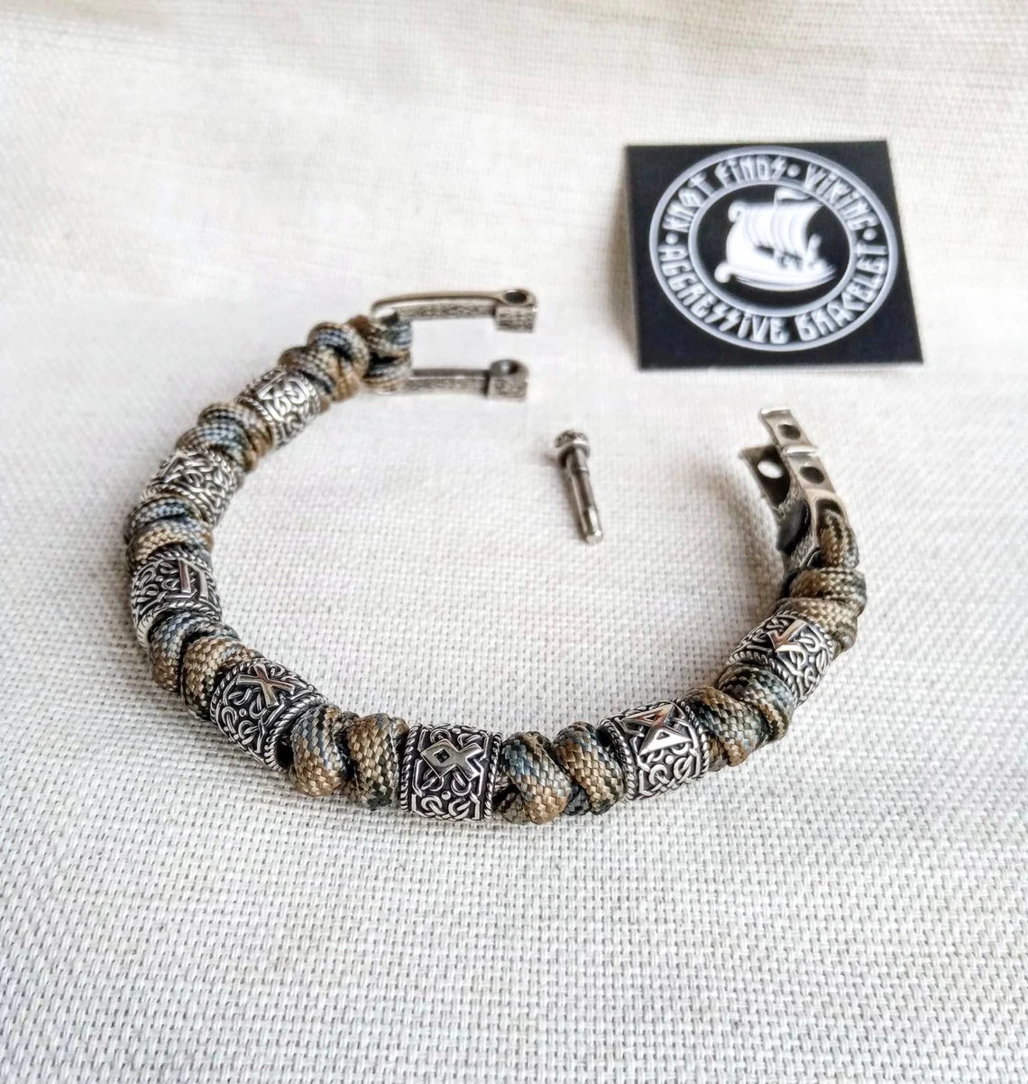 Original mens runic bangle. Paracord bracelet. Viking jewelry. Nordic style.
