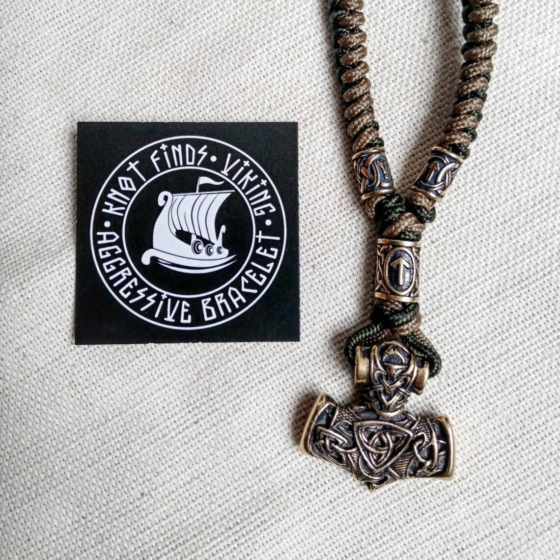 Runic necklace. Paracord jewelry. Viking style. Mens accessories. Thor's Hammer pendant.