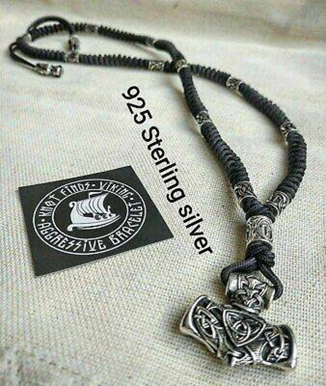 Mens necklace, 925 Sterling silver. Paracord necklace with beads. Mjolnir necklace. Celtic knot.