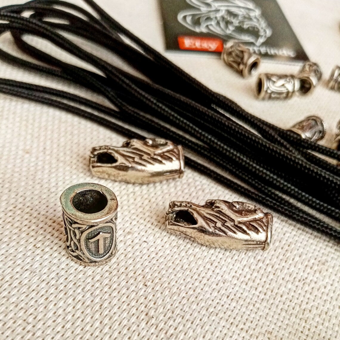 Necklace set. Runed beads, Thor's Hammer, black paracord 550. Set for weaving a necklace from paracord. DIY gift. Do it yourself.