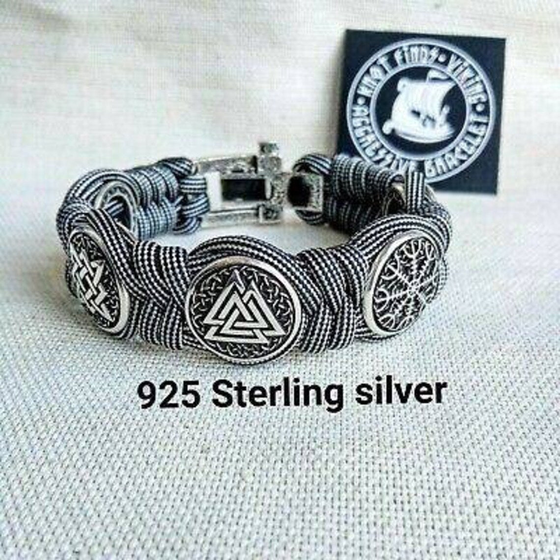 Silver 925 Sterling bracelet. Paracord bracelet. Viking protective amulet. Valknut. Helmet Horror. Horror Helmet Fern Flower Square SVAROG
