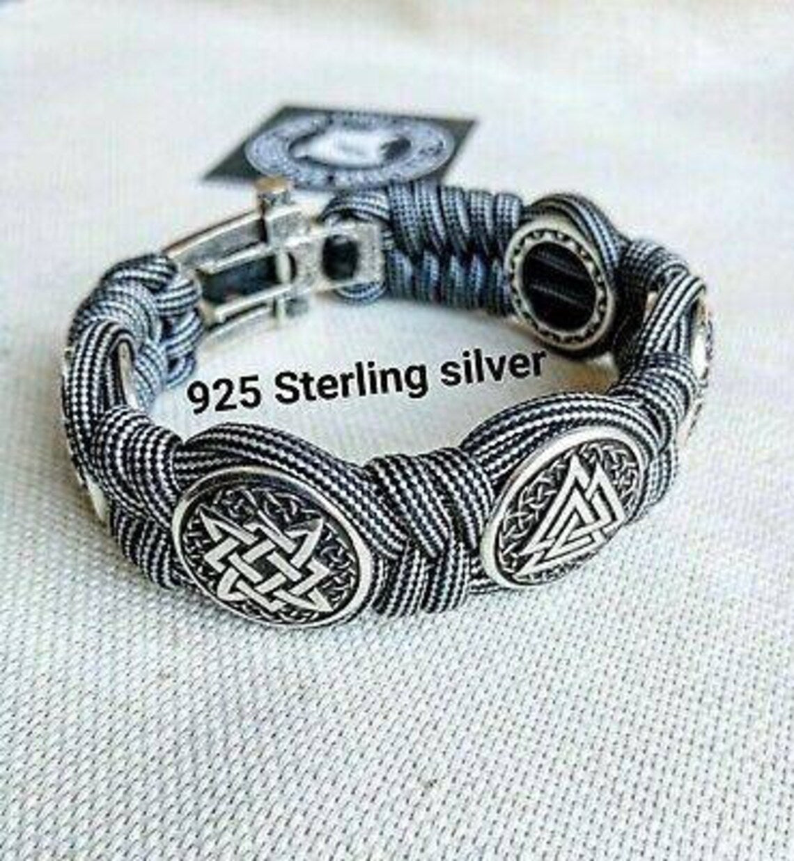 Silver 925 Sterling bracelet. Paracord bracelet. Viking protective amulet. Valknut. Helmet Horror. Horror Helmet Fern Flower Square SVAROG