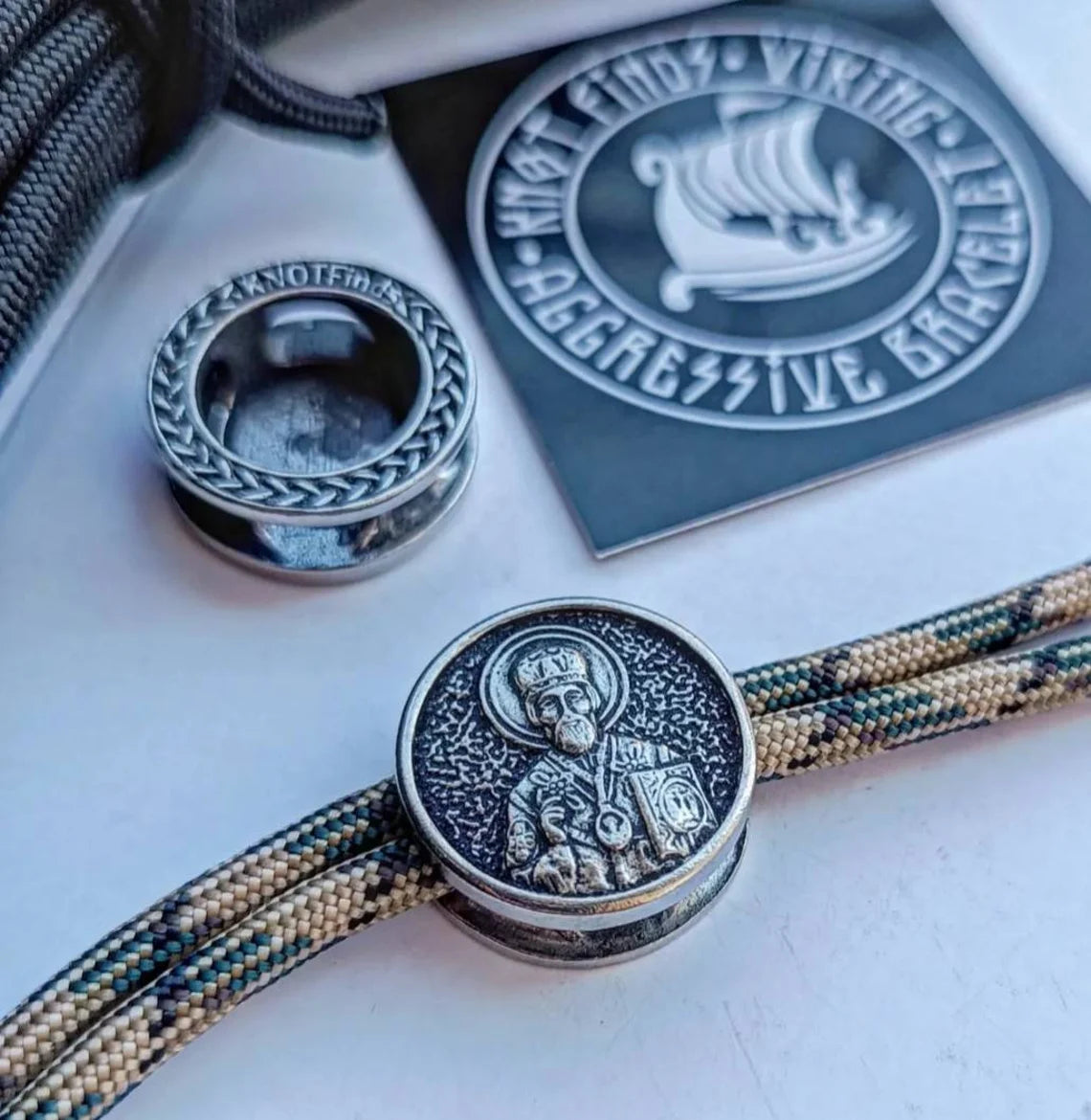 Bead SAINT NICHOLAS. Steel bead for paracord Bracelet. Protective amulet. Manual casting. Religious symbols.