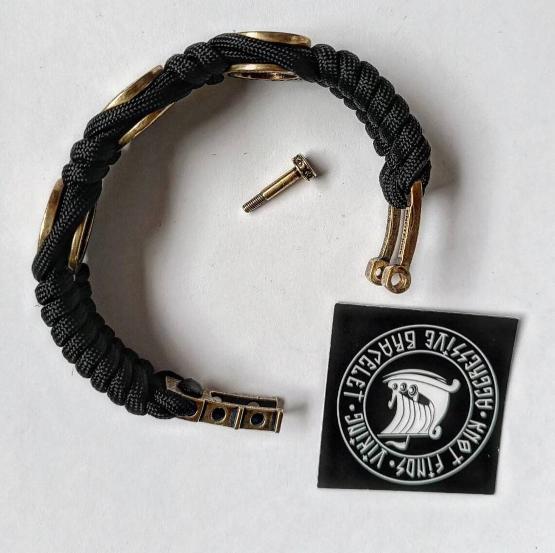 Black Paracord protective amulet with brass beads "Valkyrie", "Vegvisir", "Valknut". Viking bracelet.