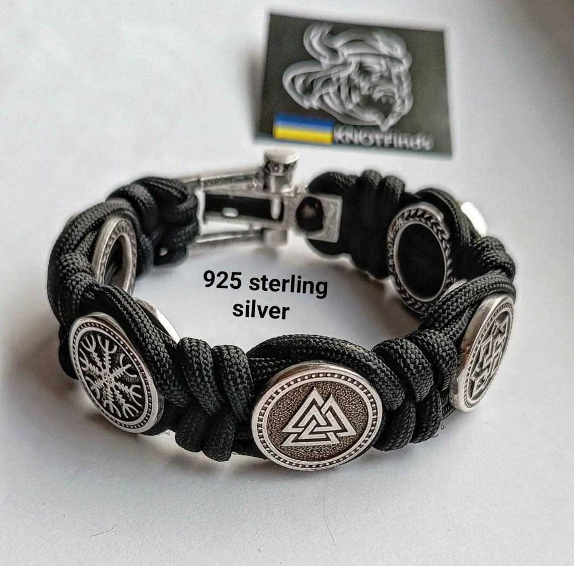 Silver 925 Sterling bracelet. Paracord bracelet. Viking protective amulet. Svarog, Valknut. Helmet Horror. Valkyrie. Square SVAROG.