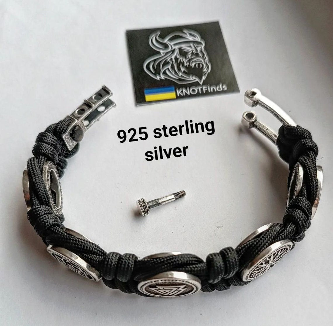 Silver 925 Sterling bracelet. Paracord bracelet. Viking protective amulet. Svarog, Valknut. Helmet Horror. Valkyrie. Square SVAROG.