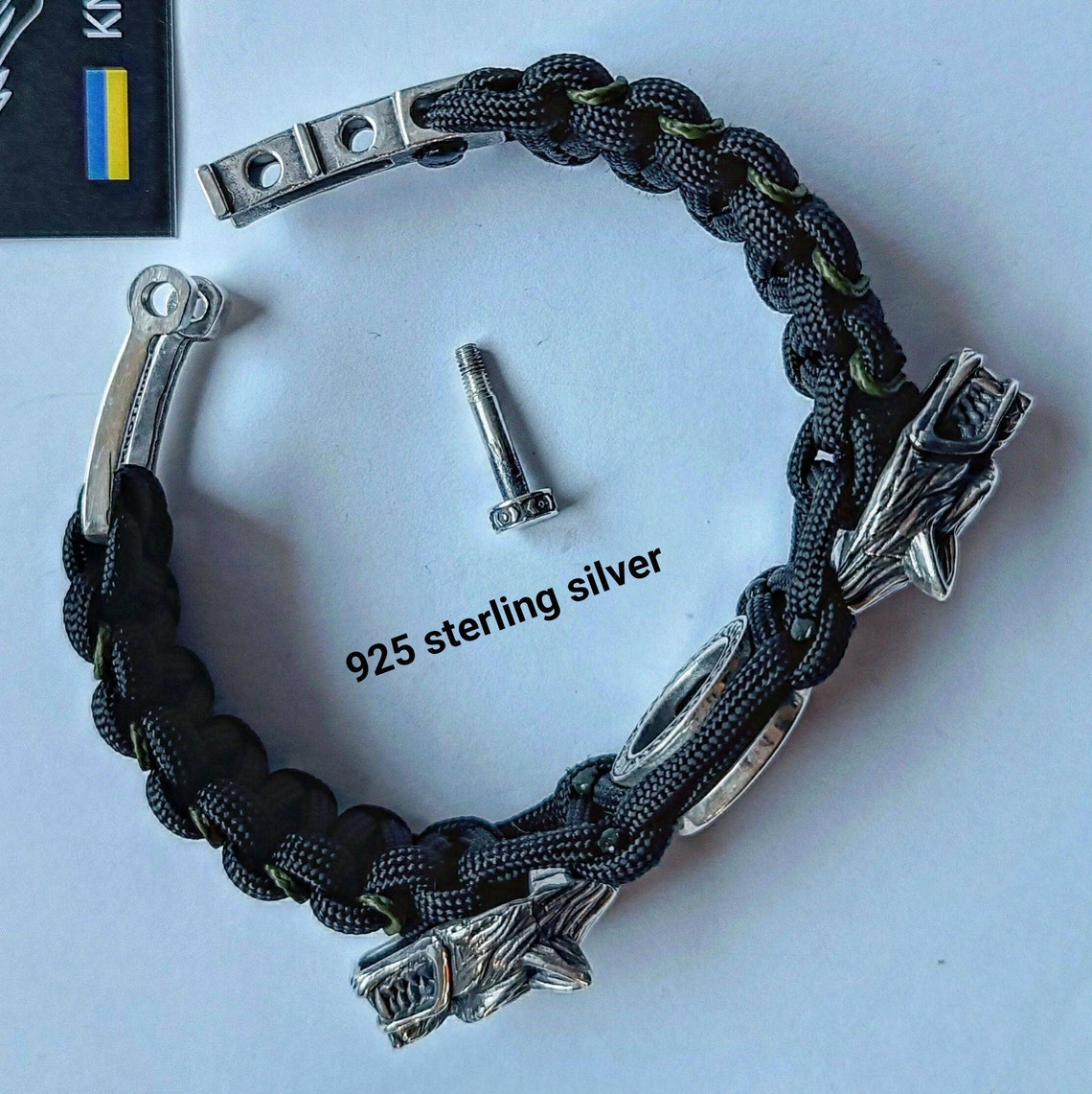 Paracord bracelet with beads "Wolf Head" and "Vegvisir". 925 Sterling silver. Norse mythology.