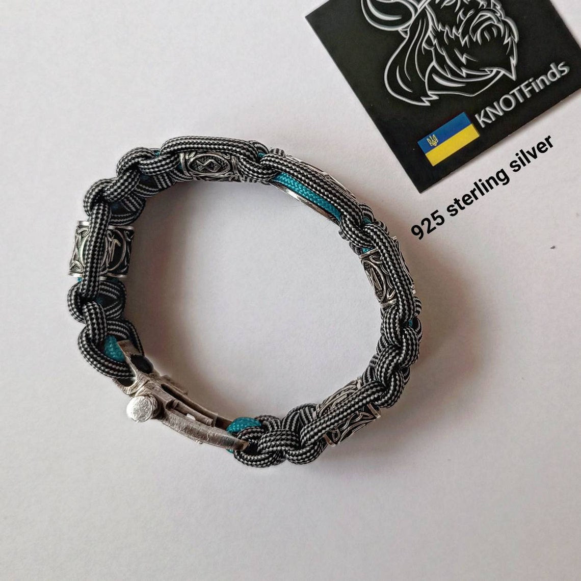 Pagan style. Runes paracord bracelet. 925 Sterling silver runes. Viking jewelry. Protective amulet.
