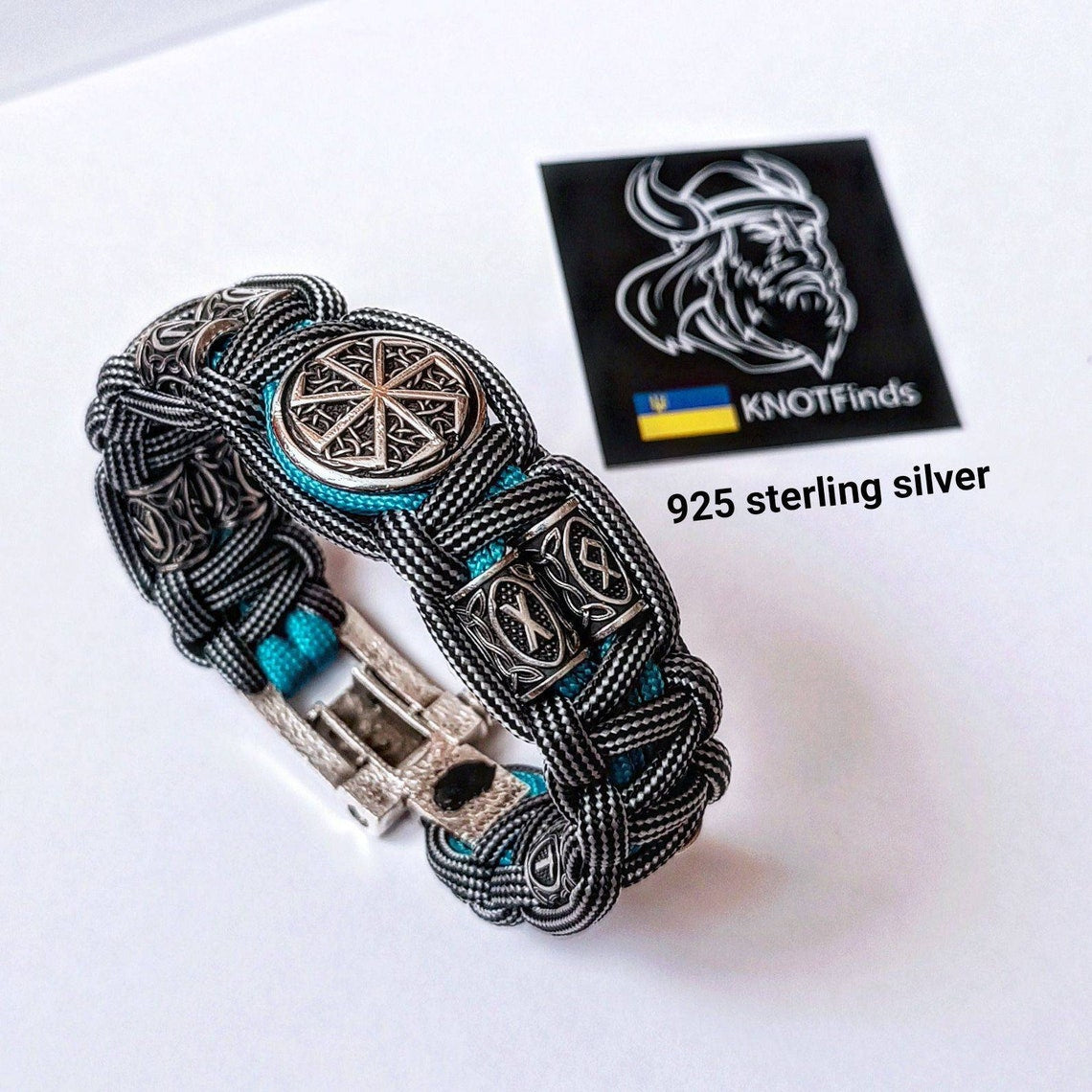 Pagan style. Runes paracord bracelet. 925 Sterling silver runes. Viking jewelry. Protective amulet.