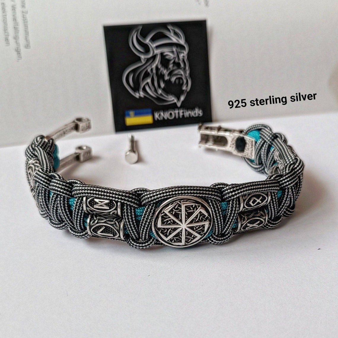 Pagan style. Runes paracord bracelet. 925 Sterling silver runes. Viking jewelry. Protective amulet.
