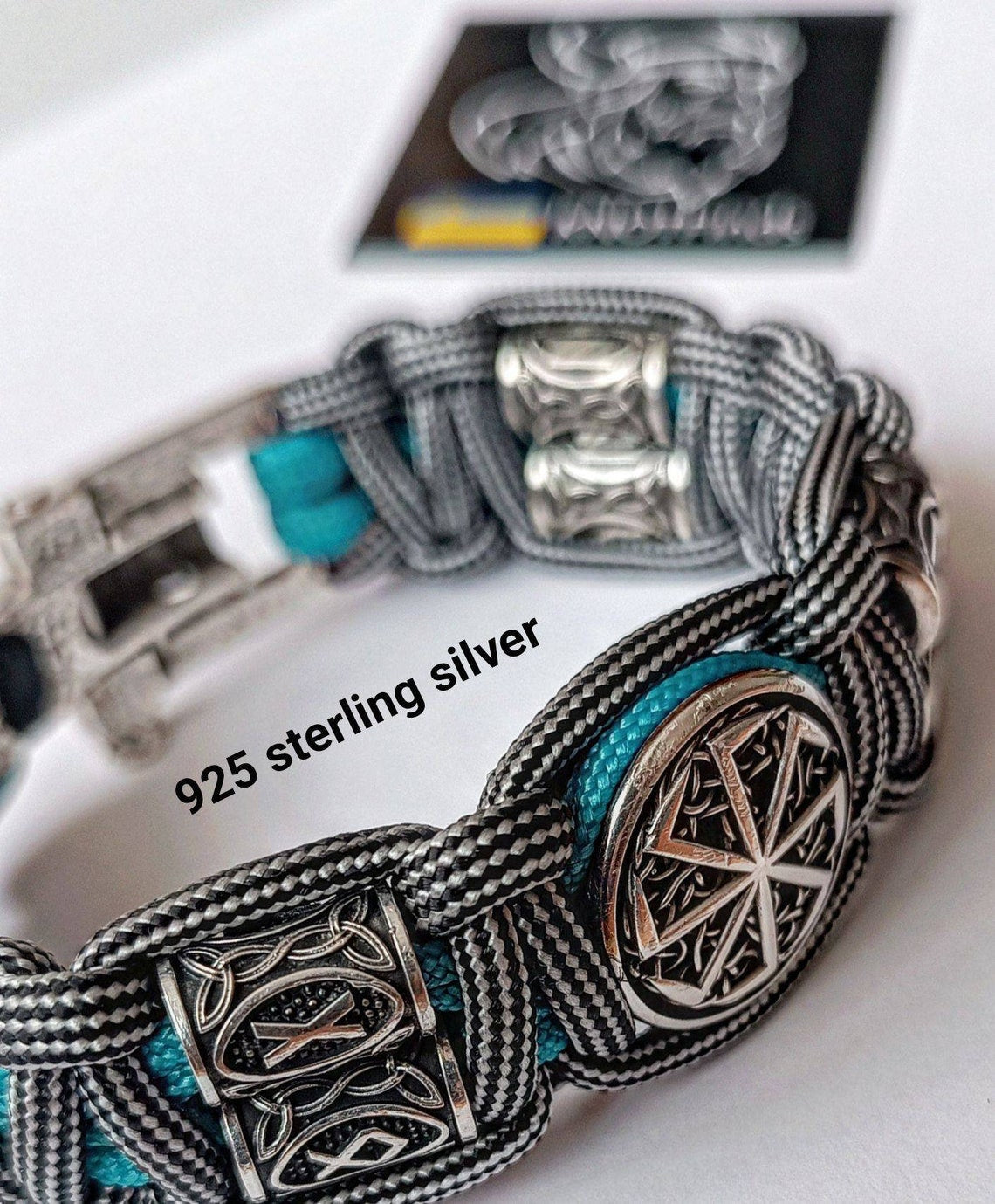 Pagan style. Runes paracord bracelet. 925 Sterling silver runes. Viking jewelry. Protective amulet.