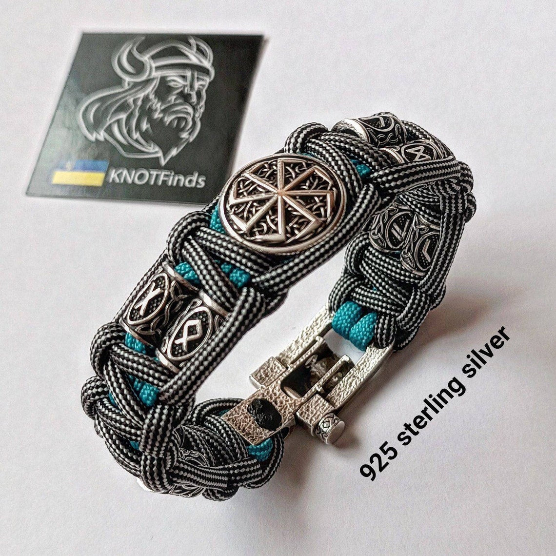 Pagan style. Runes paracord bracelet. 925 Sterling silver runes. Viking jewelry. Protective amulet.