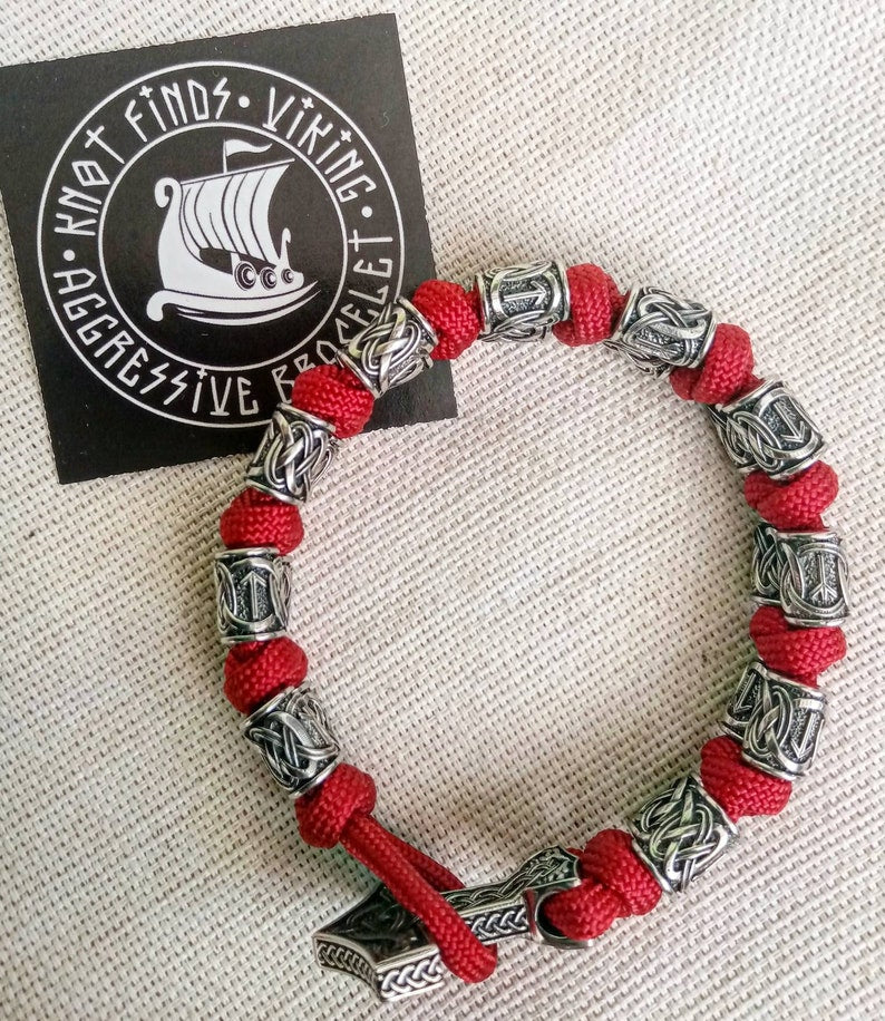 Red Paracord runic bracelet. Viking style. Scandinavian jewelry. Biker bangle. Mens accessory.