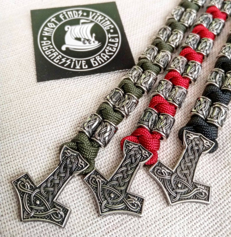 Red Paracord runic bracelet. Viking style. Scandinavian jewelry. Biker bangle. Mens accessory.