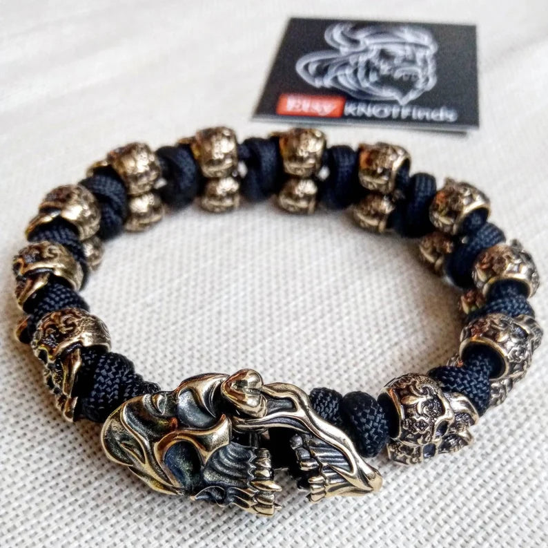 Black biker bangle. Horror skull paracord bracelet. Brutal style.
