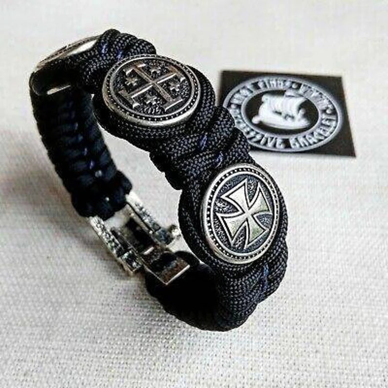 Black Paracord protective amulet with steel beads "Templar Cross", "JERUSALEM Cross", "Templar Cross". Men's style, a gift for tough men.