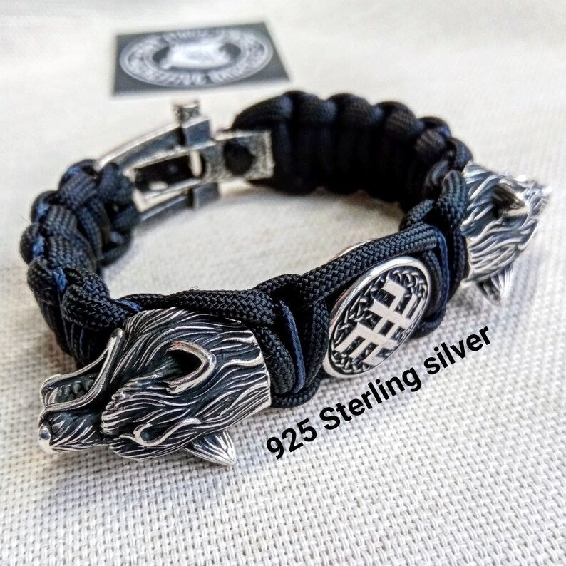 Viking jewelry. 925 Sterling silver and paracord bracelet. Mens luxury style.