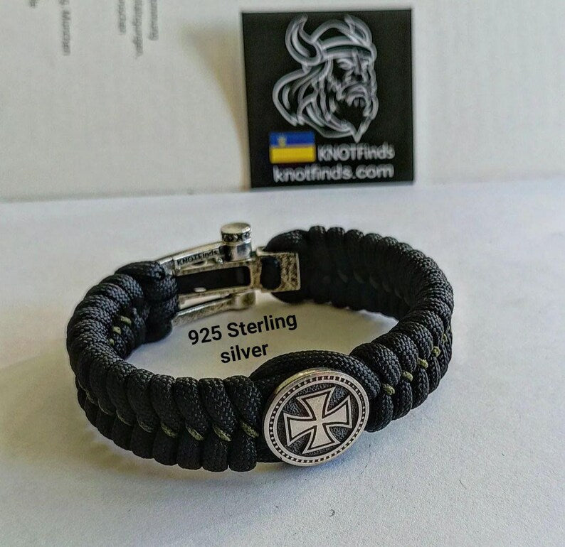 Handmade Paracord Bracelet "Templar Cross" β Celtic Knot Design, 925 Sterling Silver
