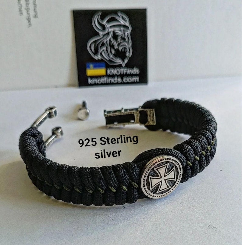 Handmade Paracord Bracelet "Templar Cross" β Celtic Knot Design, 925 Sterling Silver