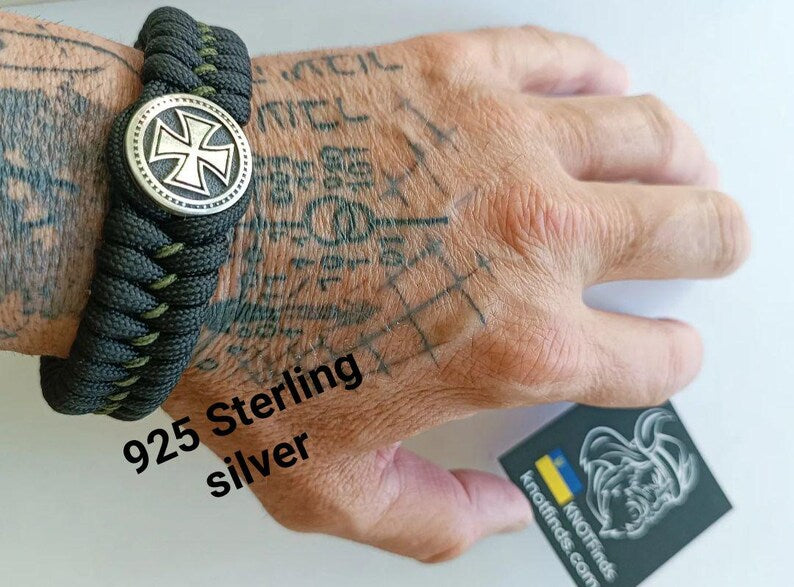 Handmade Paracord Bracelet "Templar Cross" β Celtic Knot Design, 925 Sterling Silver