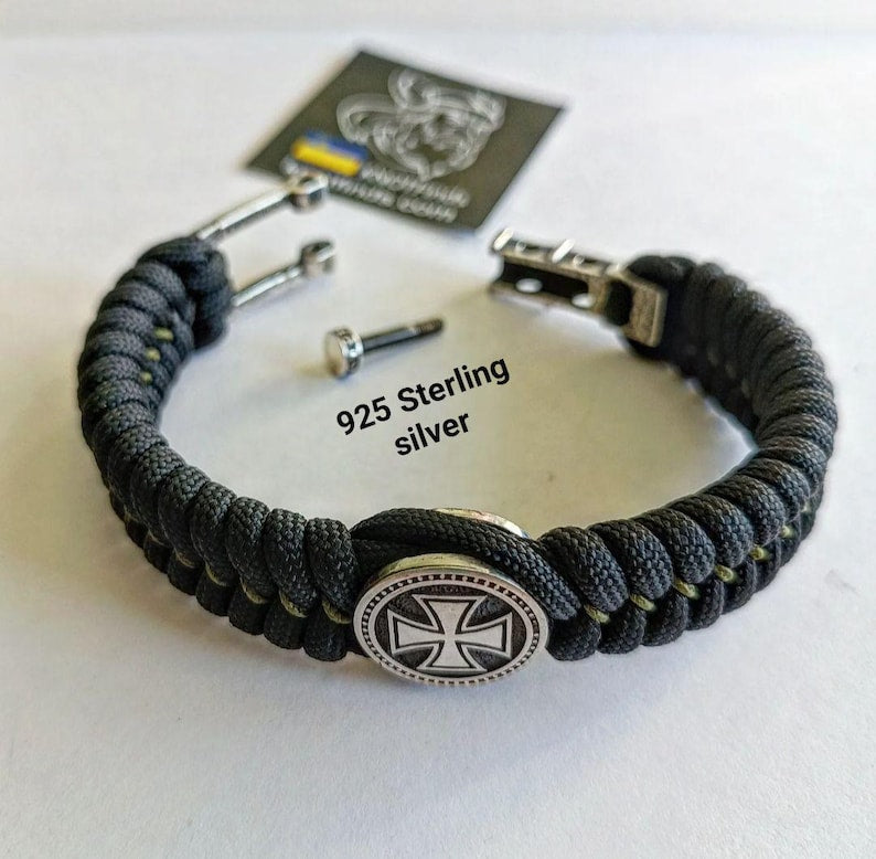 Handmade Paracord Bracelet "Templar Cross" β Celtic Knot Design, 925 Sterling Silver