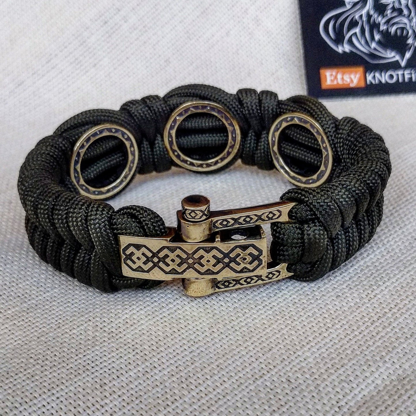 Viking protective amulet with braas beads "Valknut", "Valkyrie", "Horror shield". Men's style, a gift for tough men. Biker bracelet.