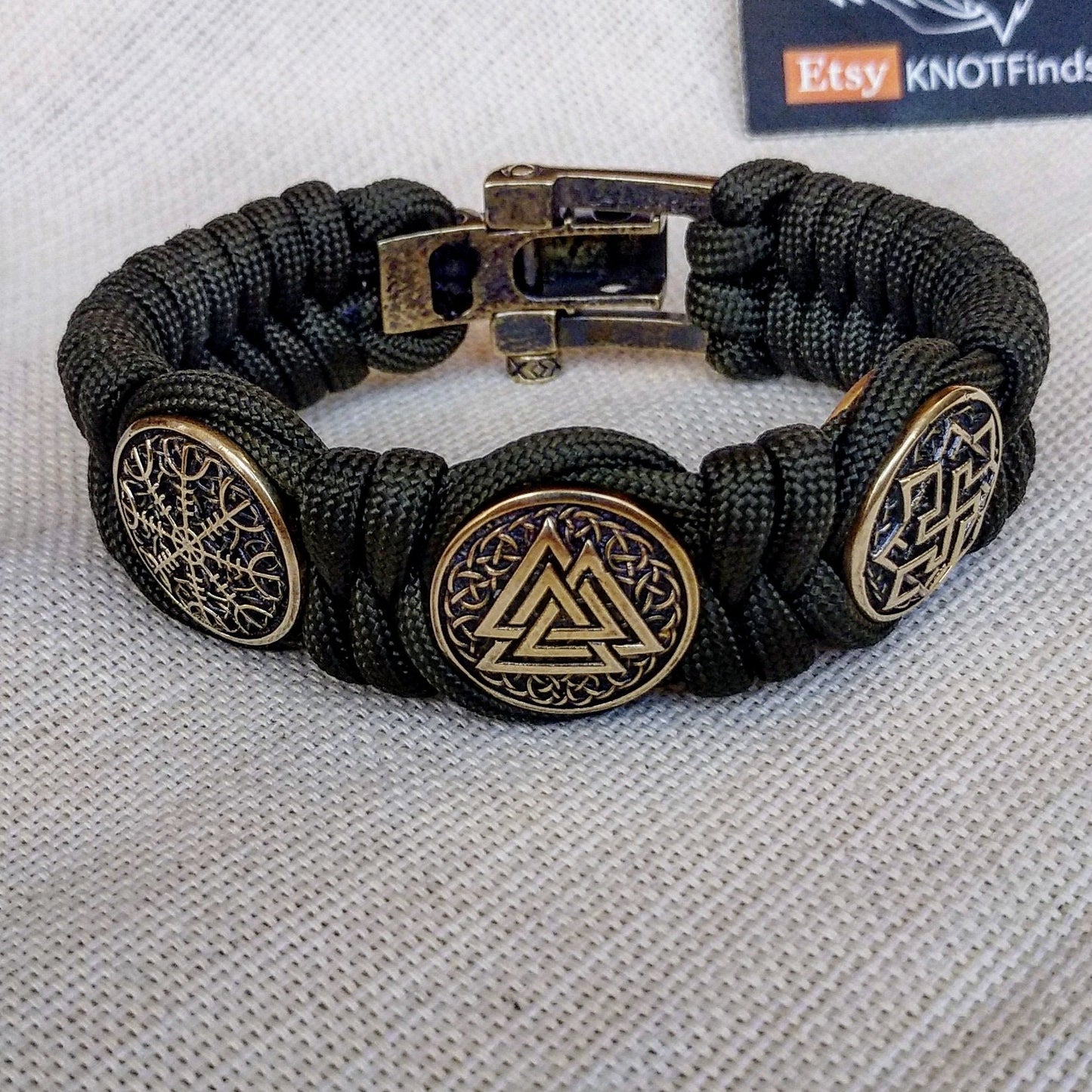 Viking protective amulet with braas beads "Valknut", "Valkyrie", "Horror shield". Men's style, a gift for tough men. Biker bracelet.