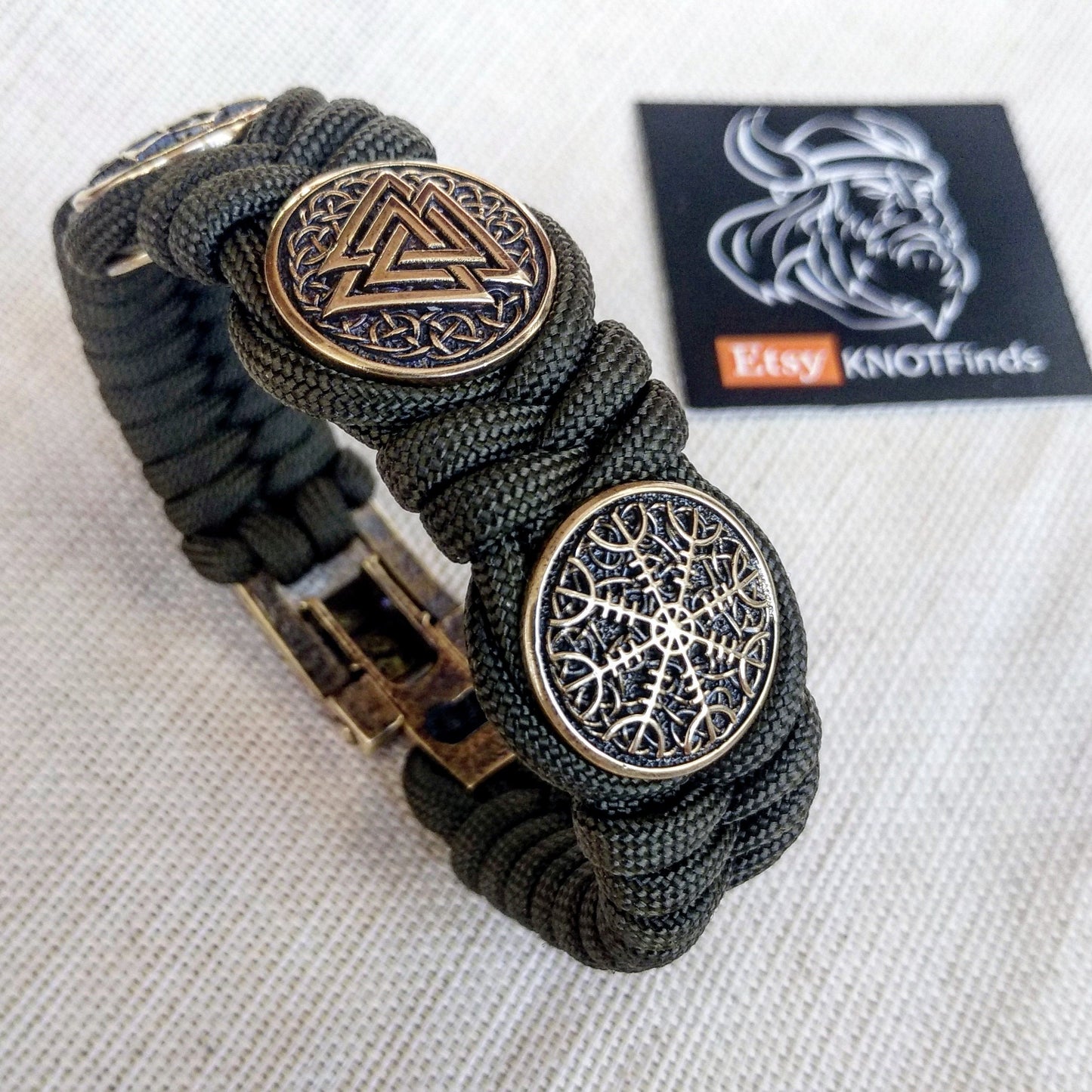 Viking protective amulet with braas beads "Valknut", "Valkyrie", "Horror shield". Men's style, a gift for tough men. Biker bracelet.