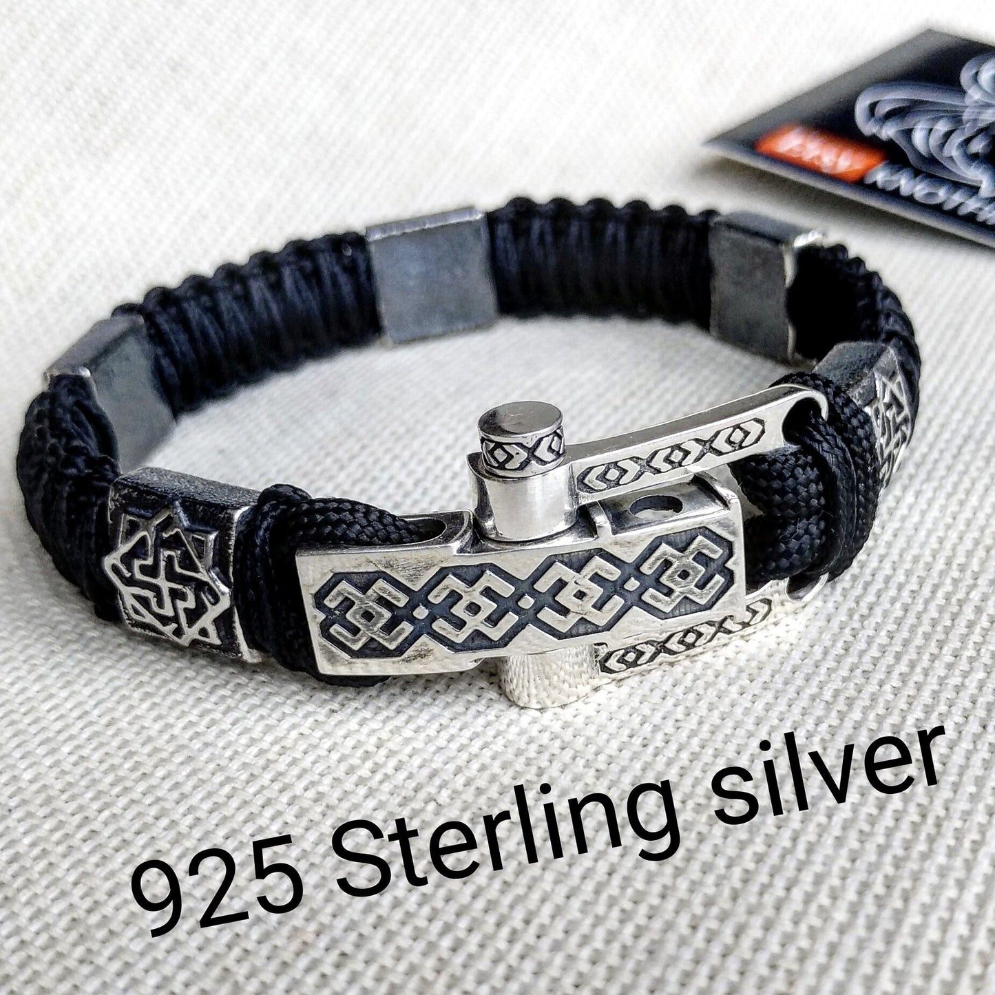 Paracord bracelet. Silver 925 Sterling bangle. Viking style.
