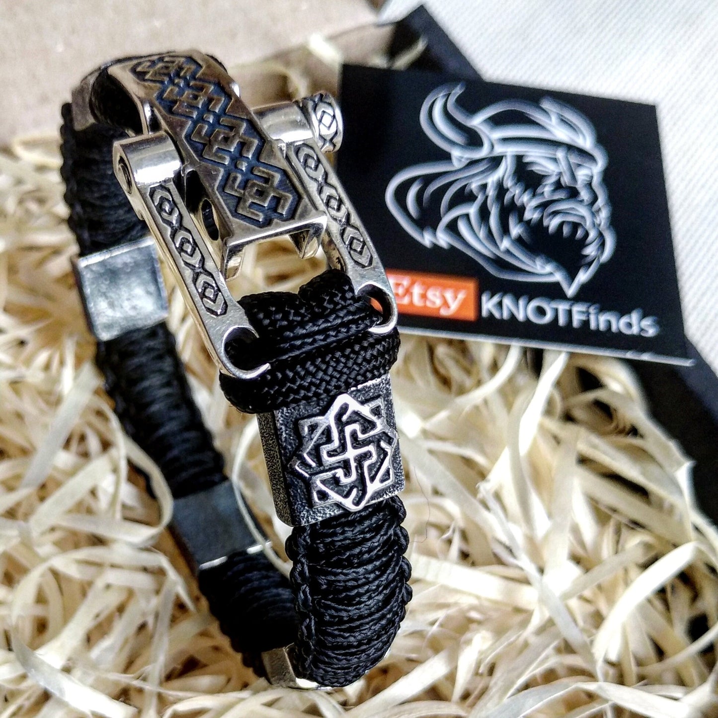 Paracord bracelet. Silver 925 Sterling bangle. Viking style.