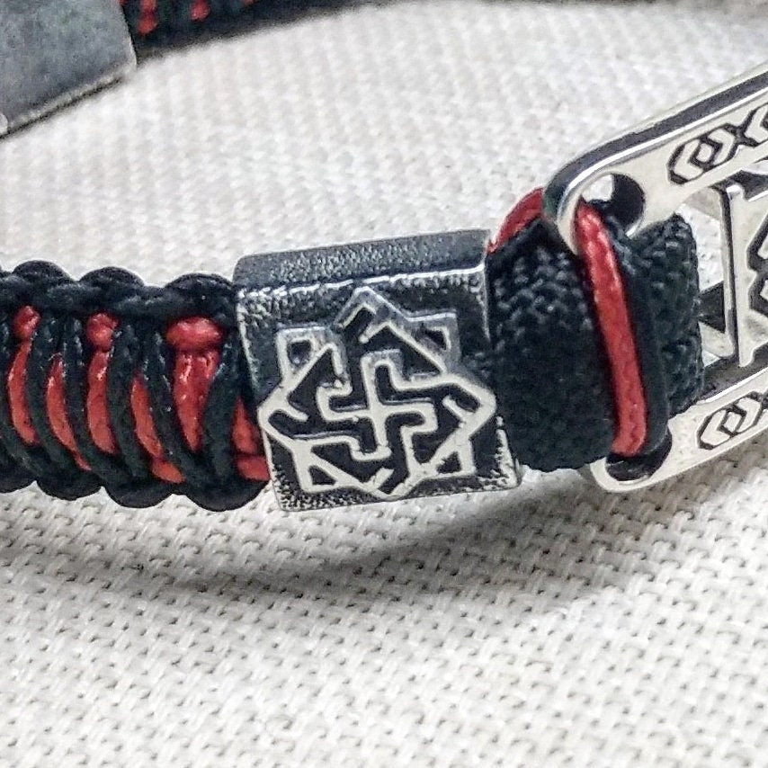 925 Sterling silver bracelet. Luxury black red paracord bracelet.Viking style.