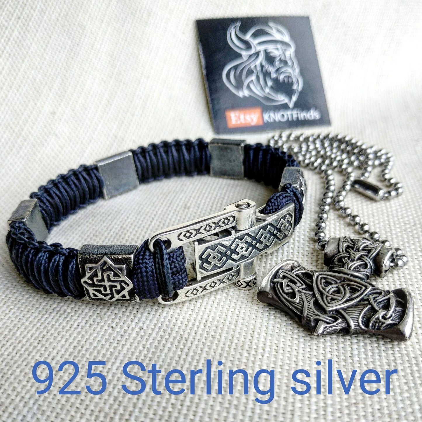 Silver 925 Sterling bracelet. Luxury navy blue paracord bracelet.Viking style.
