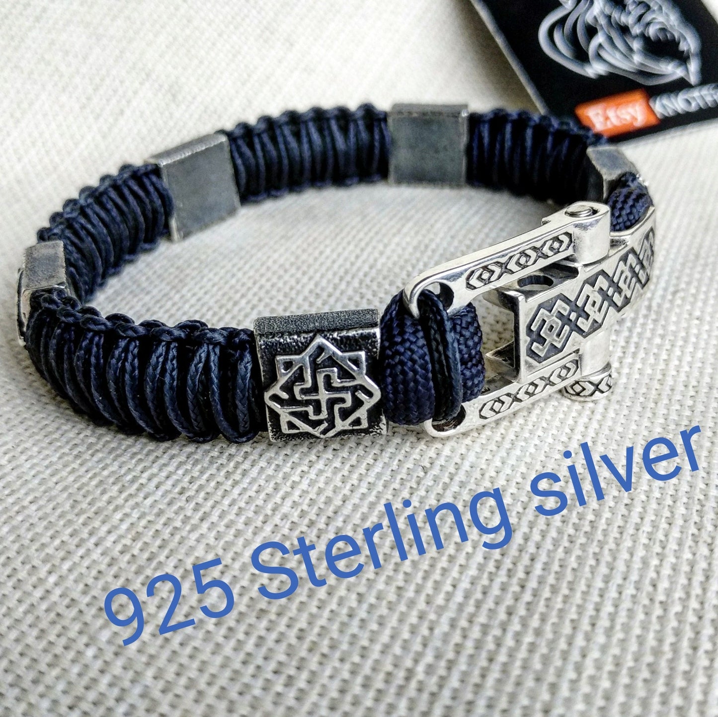 Silver 925 Sterling bracelet. Luxury navy blue paracord bracelet.Viking style.
