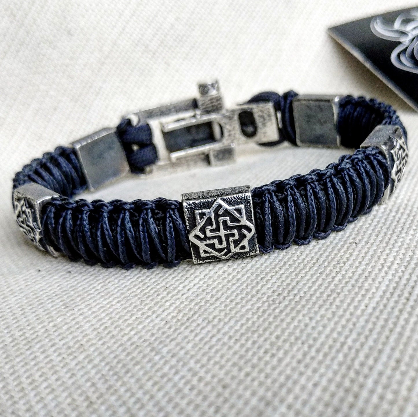 Silver 925 Sterling bracelet. Luxury navy blue paracord bracelet.Viking style.