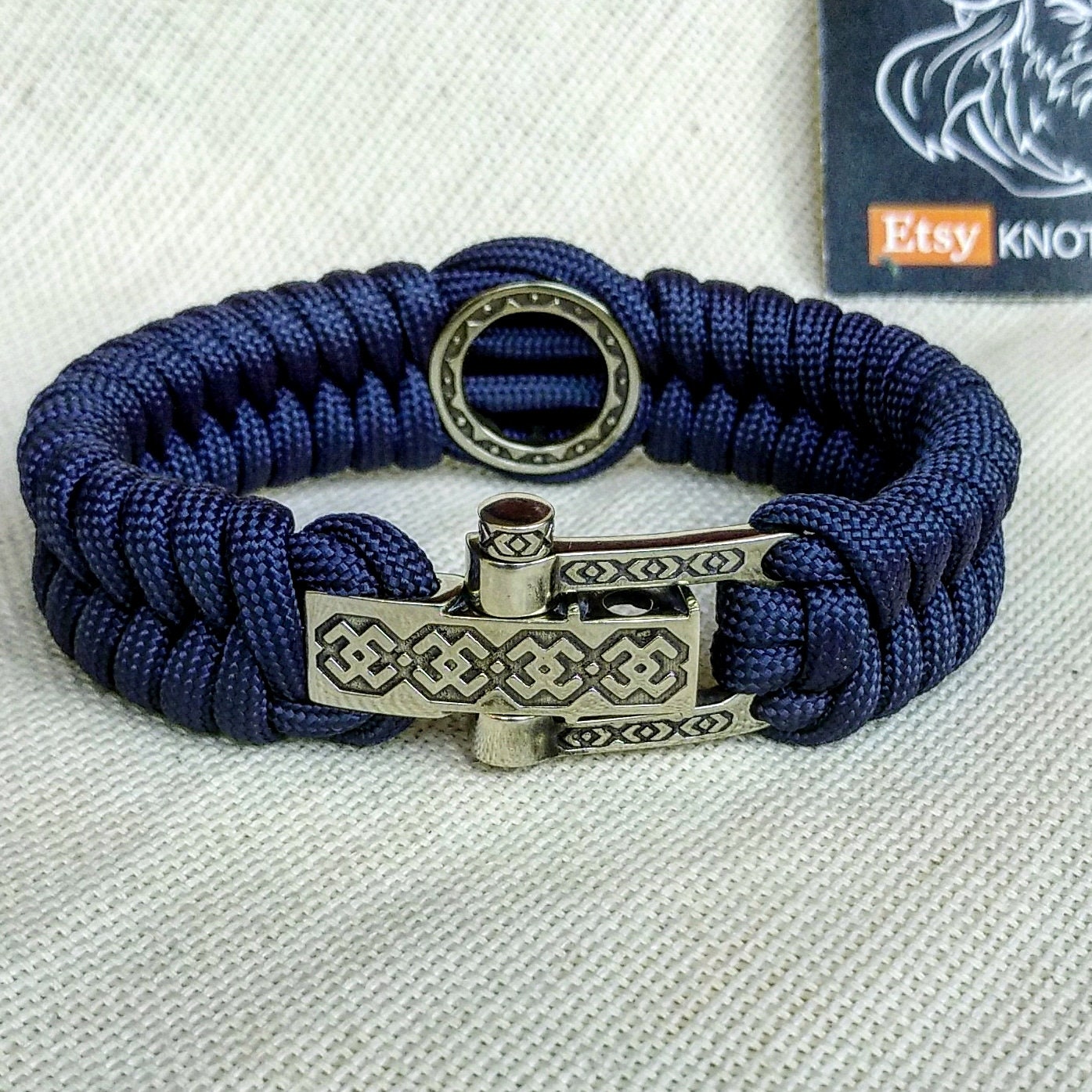 Paracord navy blue bracelet "VALKYRIE". The original brutal bracelet made of Celtic knots and beads. Nordic bangle.