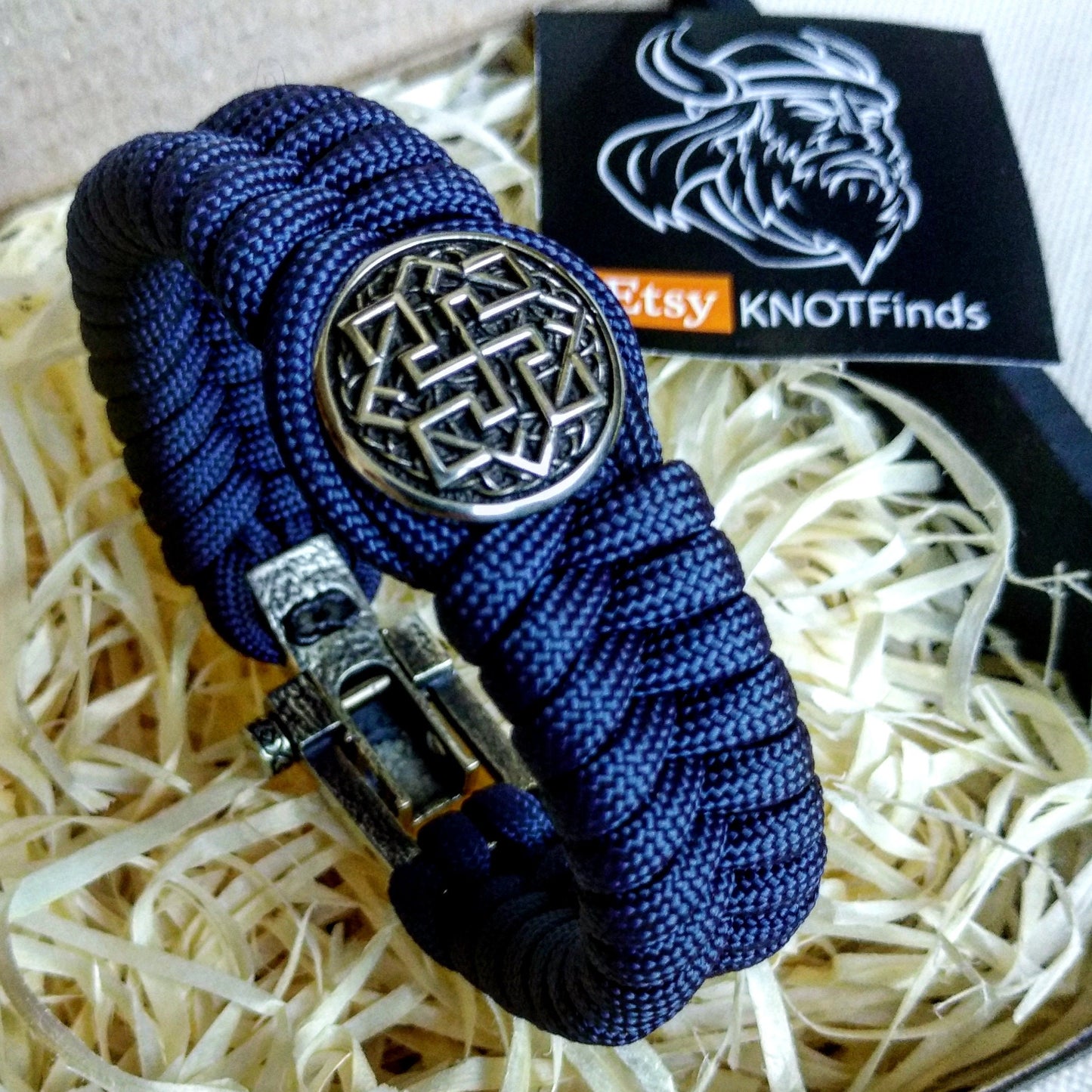 Paracord navy blue bracelet "VALKYRIE". The original brutal bracelet made of Celtic knots and beads. Nordic bangle.