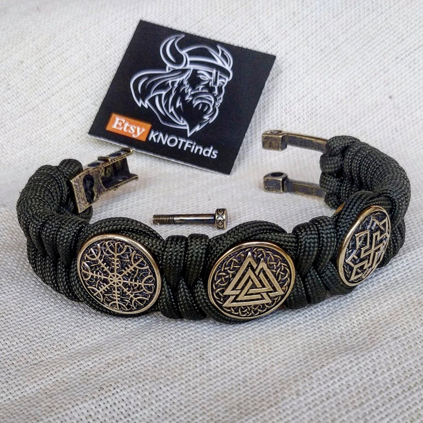 Viking protective amulet with braas beads "Valknut", "Valkyrie", "Horror shield". Men's style, a gift for tough men. Biker bracelet.