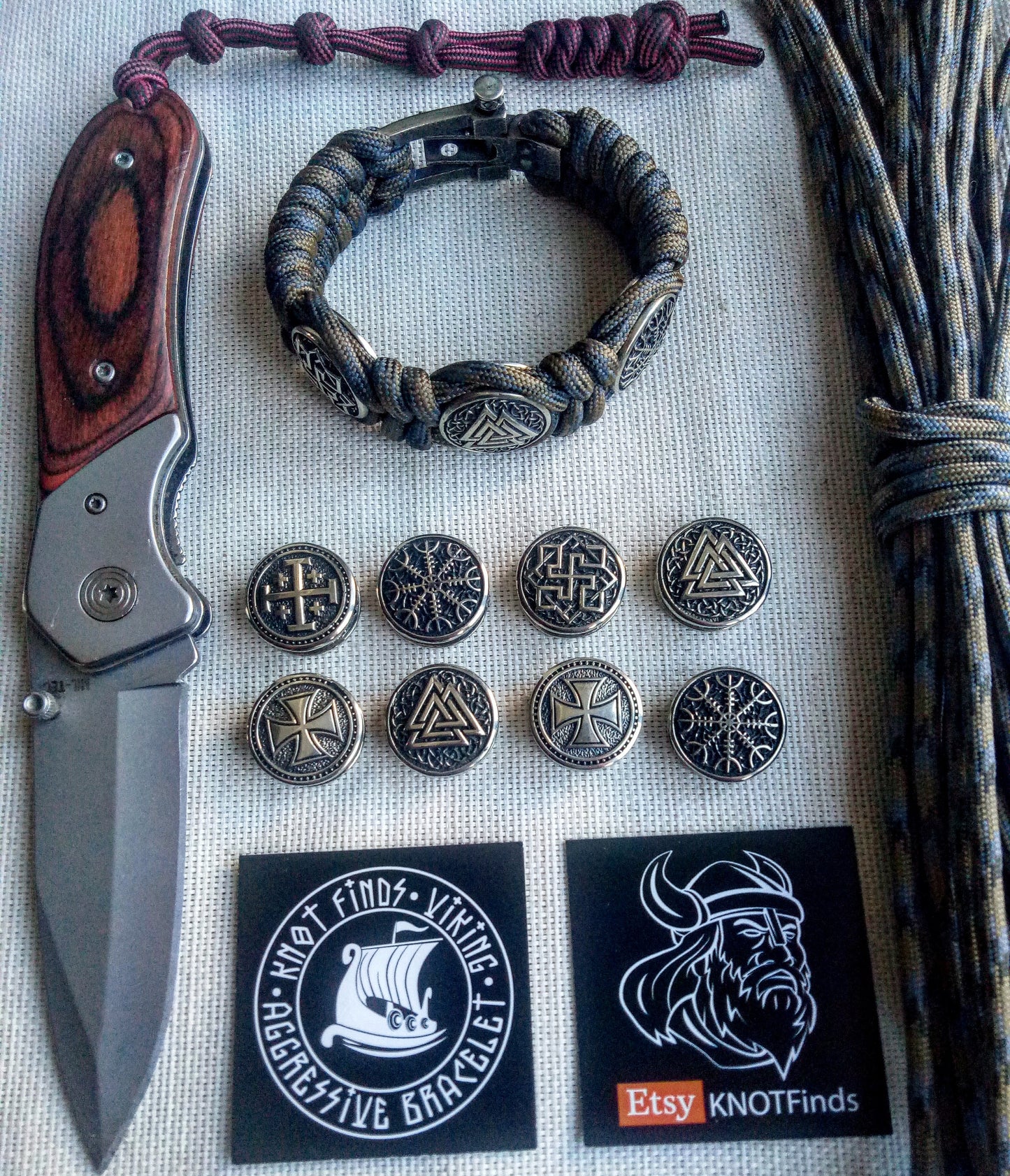 Viking protective amulet with steel beads "Valknut", "Valkyrie", "Horror shield". Men's style, a gift for tough men. Biker bracelet.