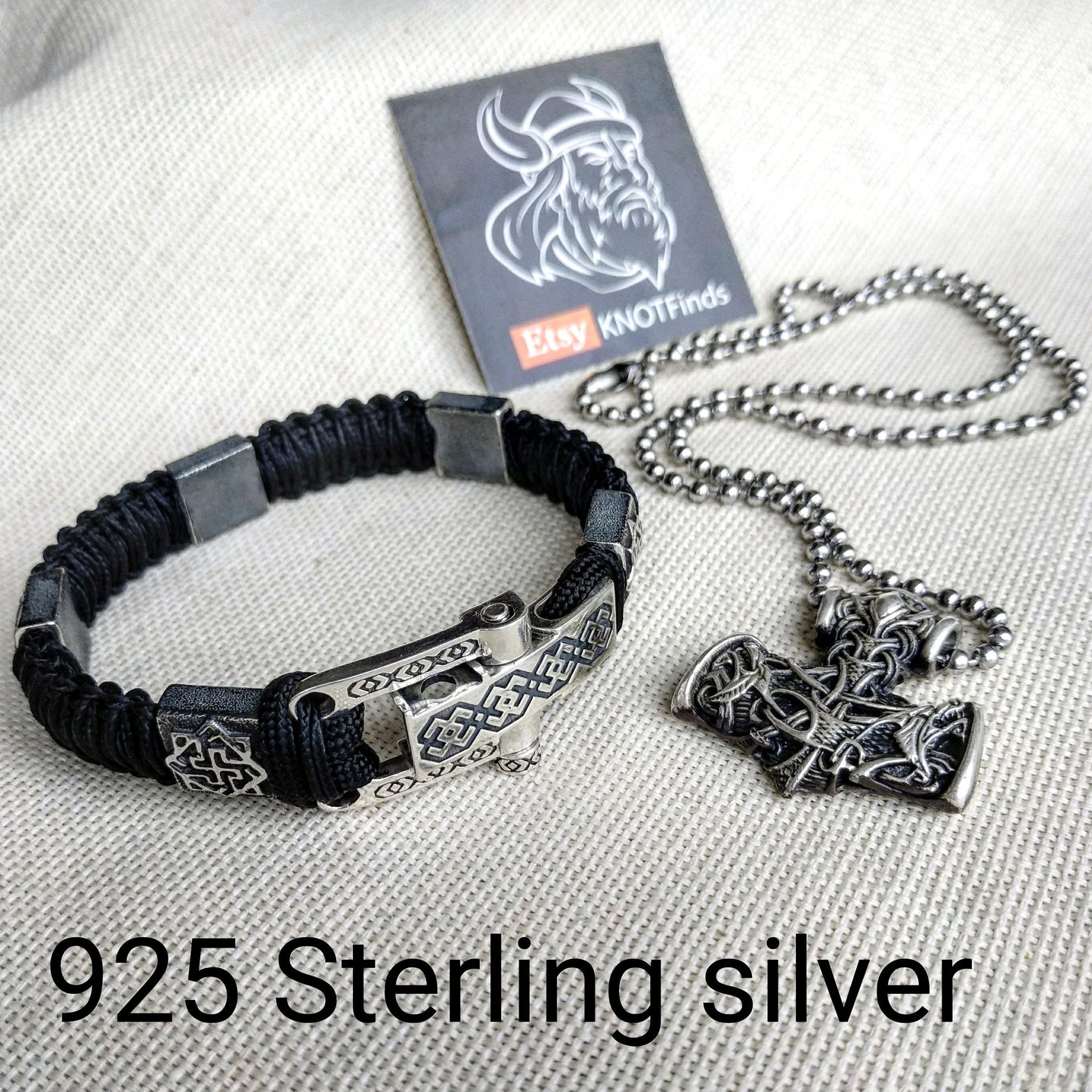 Paracord bracelet. Silver 925 Sterling bangle. Viking style.