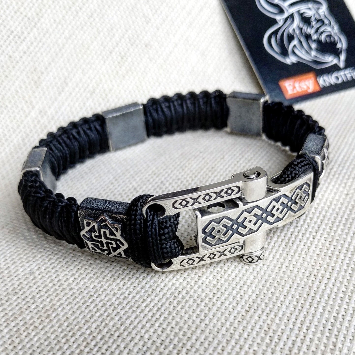 Paracord bracelet. Silver 925 Sterling bangle. Viking style.