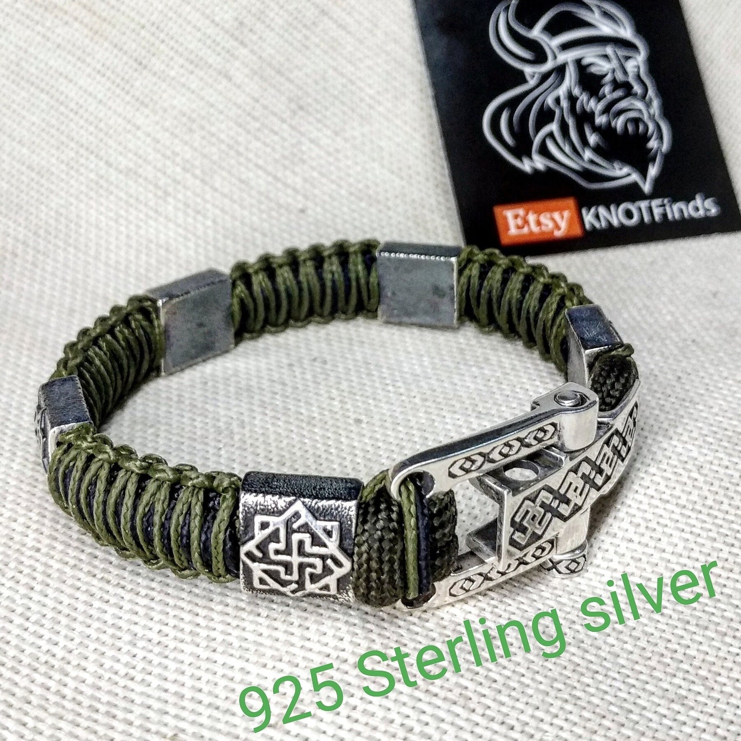 Silver 925 Sterling bracelet. Luxury green olive paracord bracelet.Viking style.