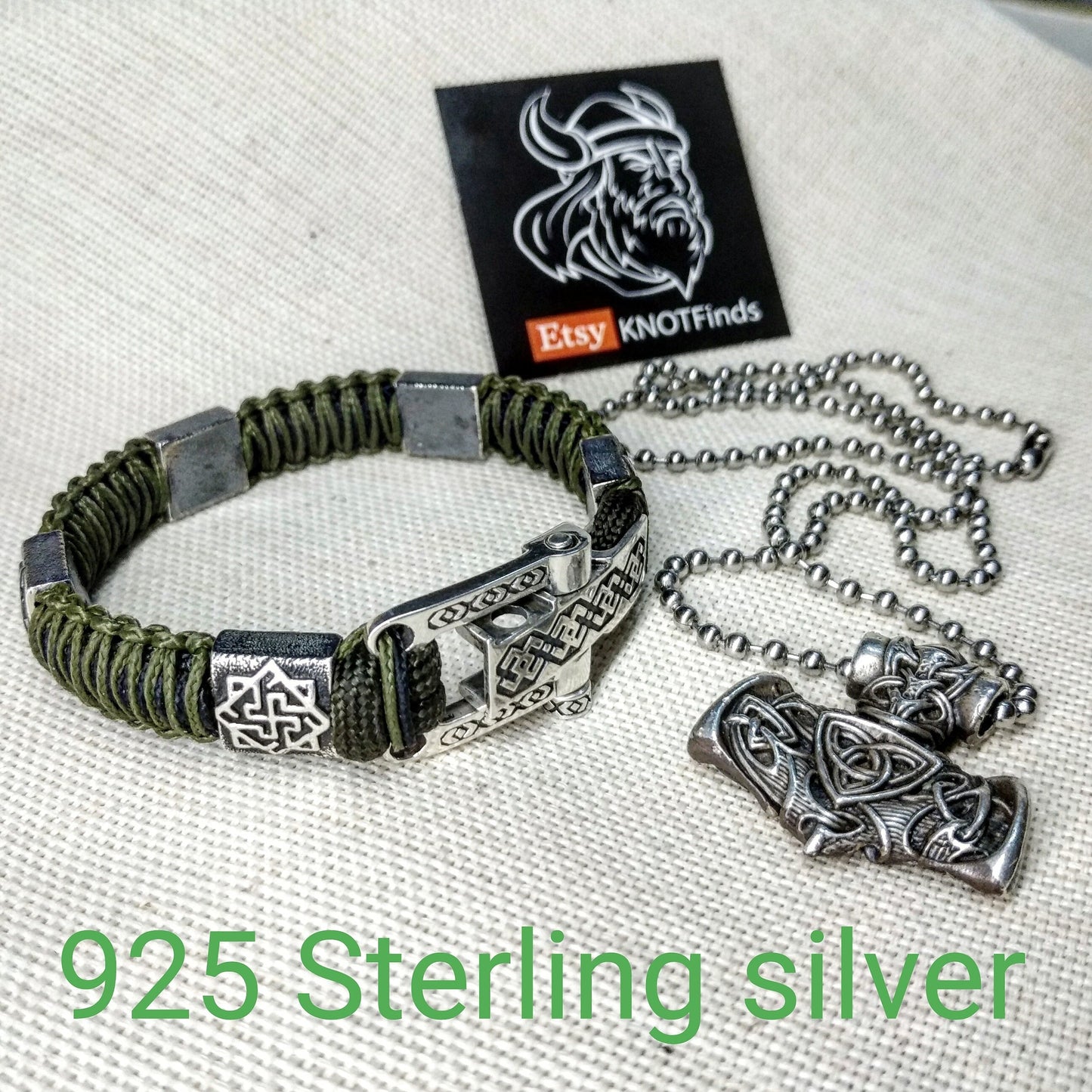 Silver 925 Sterling bracelet. Luxury green olive paracord bracelet.Viking style.