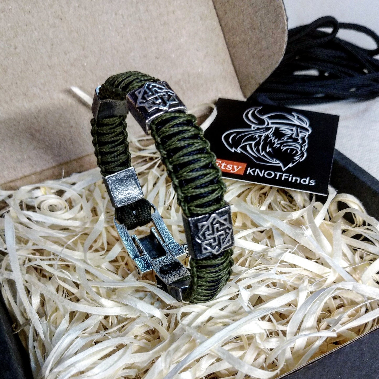 Silver 925 Sterling bracelet. Luxury green olive paracord bracelet.Viking style.
