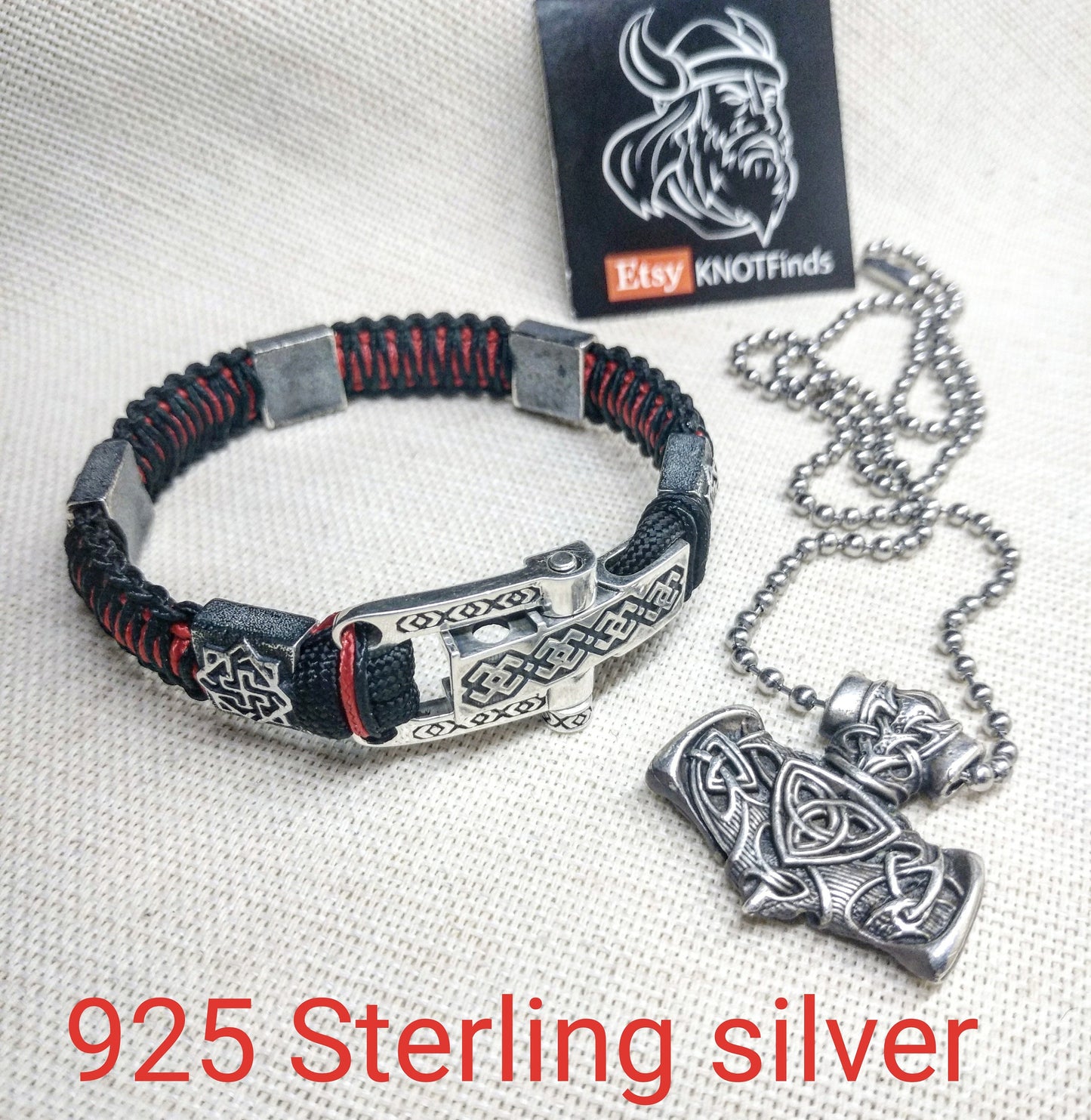 925 Sterling silver bracelet. Luxury black red paracord bracelet.Viking style.