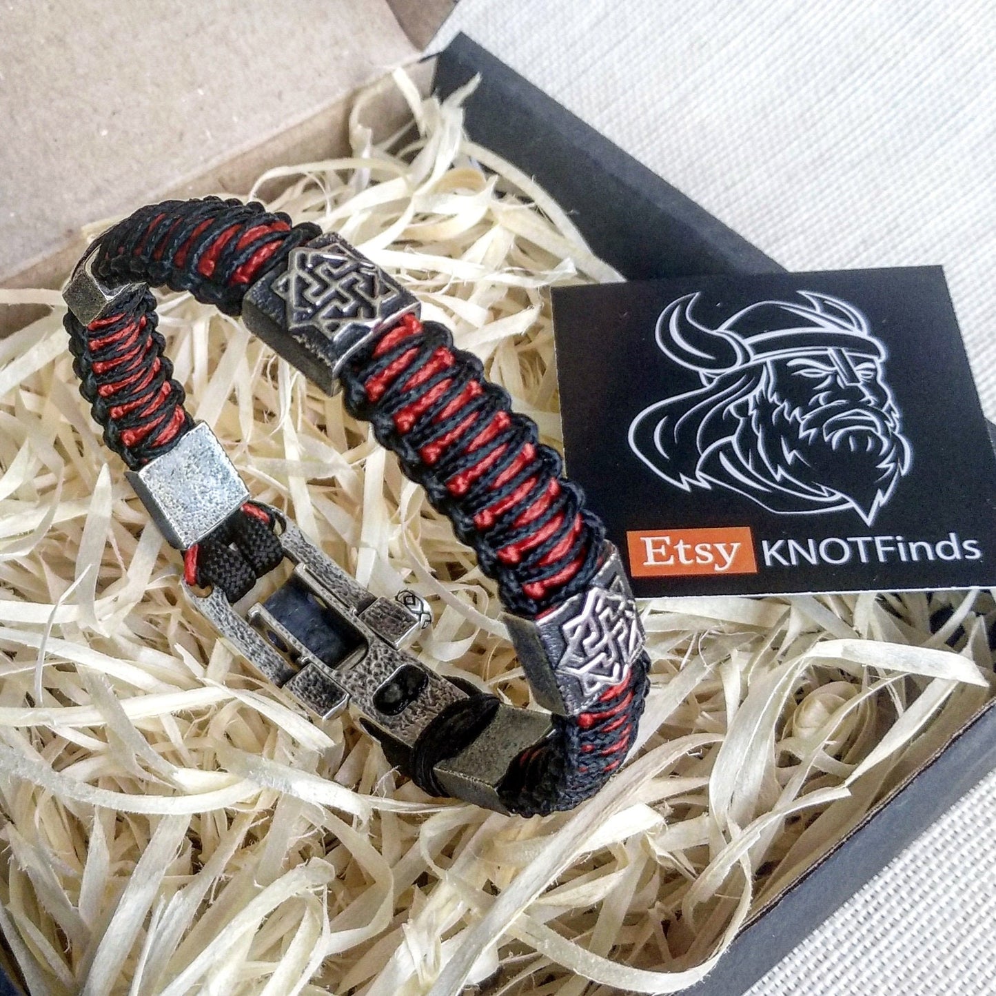 925 Sterling silver bracelet. Luxury black red paracord bracelet.Viking style.