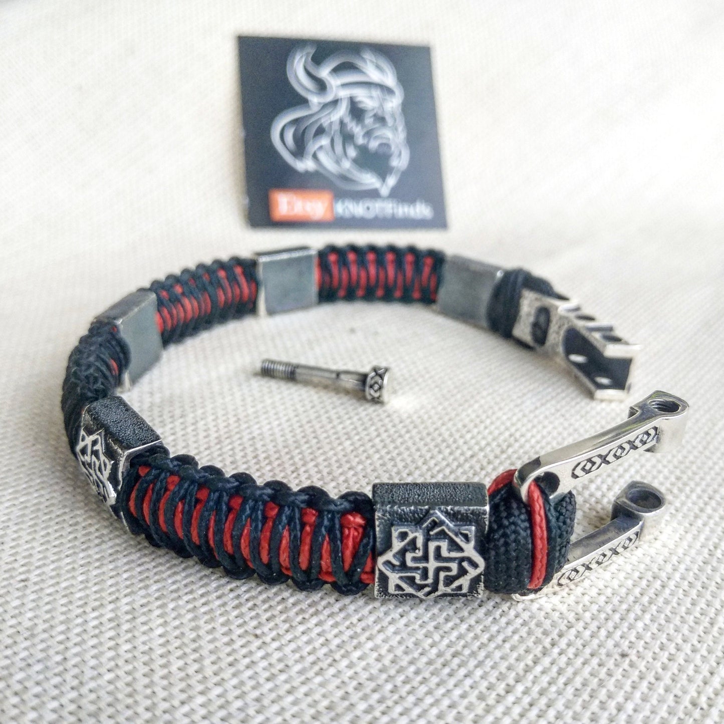 925 Sterling silver bracelet. Luxury black red paracord bracelet.Viking style.
