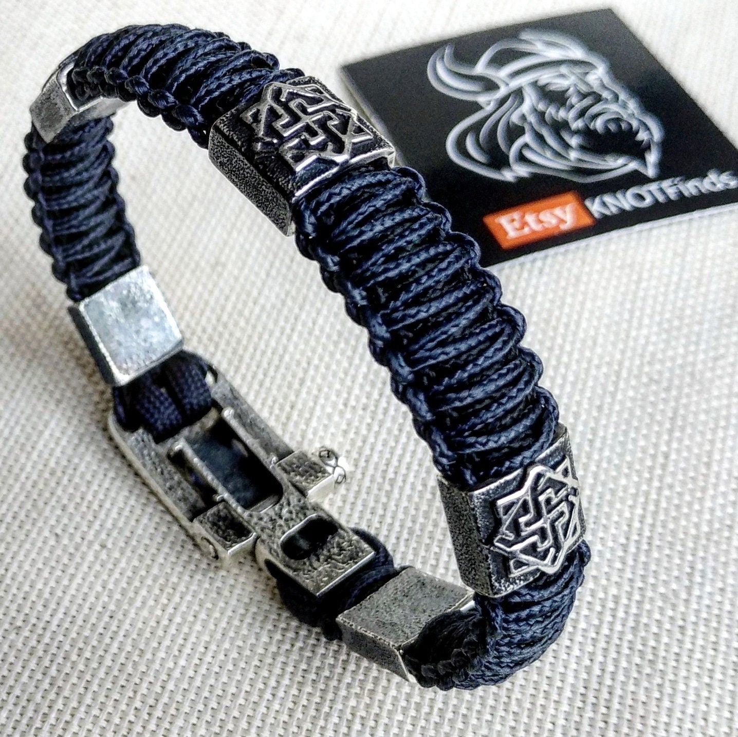 Silver 925 Sterling bracelet. Luxury navy blue paracord bracelet.Viking style.