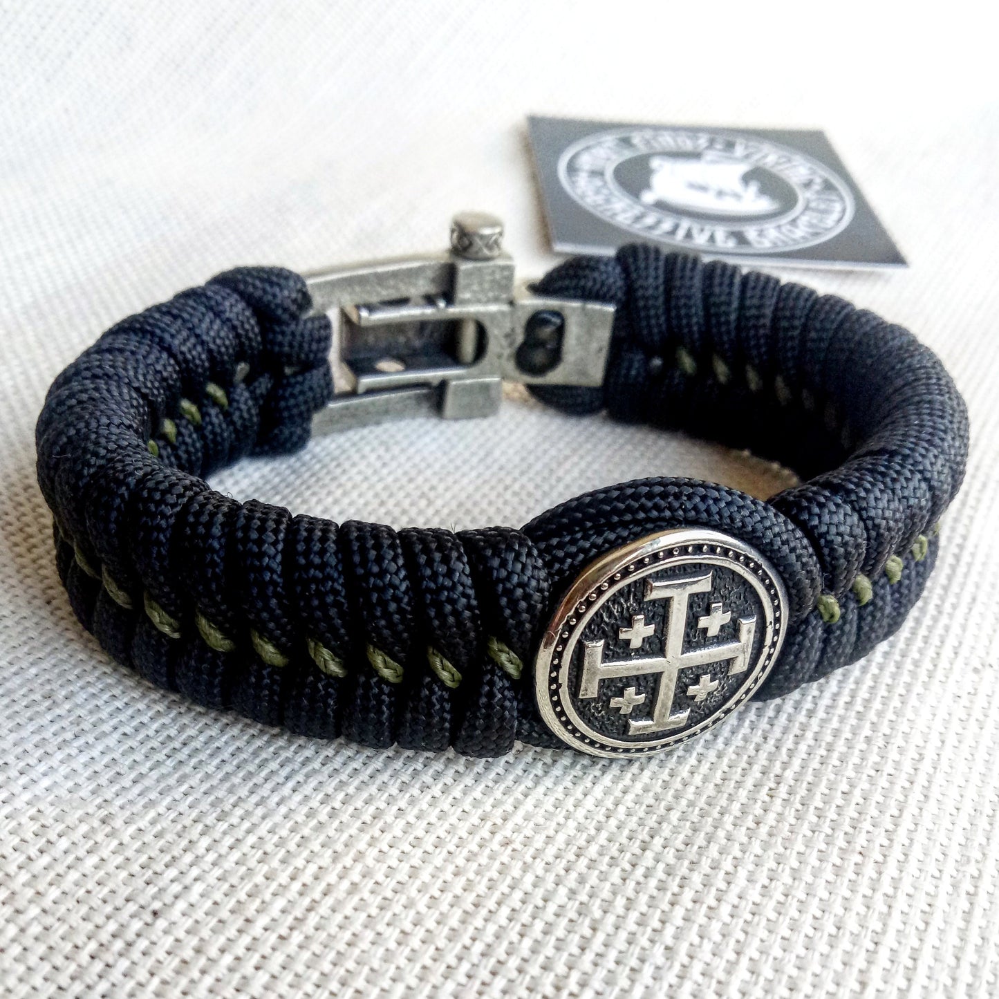 Black Paracord bracelet "JERUSALEM CROSS". The original brutal bracelet made of Celtic knots and beads. Scandinavian style.