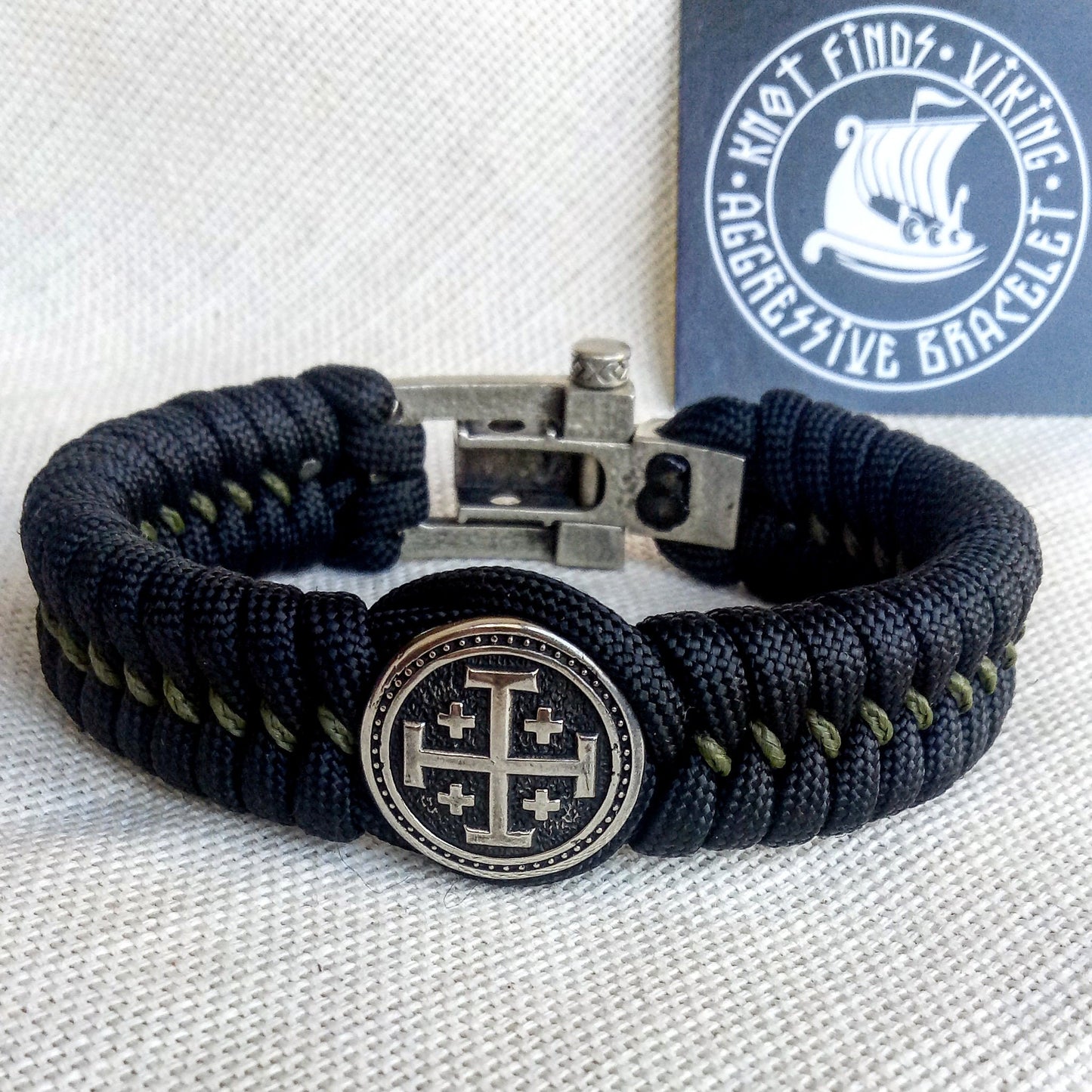 Black Paracord bracelet "JERUSALEM CROSS". The original brutal bracelet made of Celtic knots and beads. Scandinavian style.