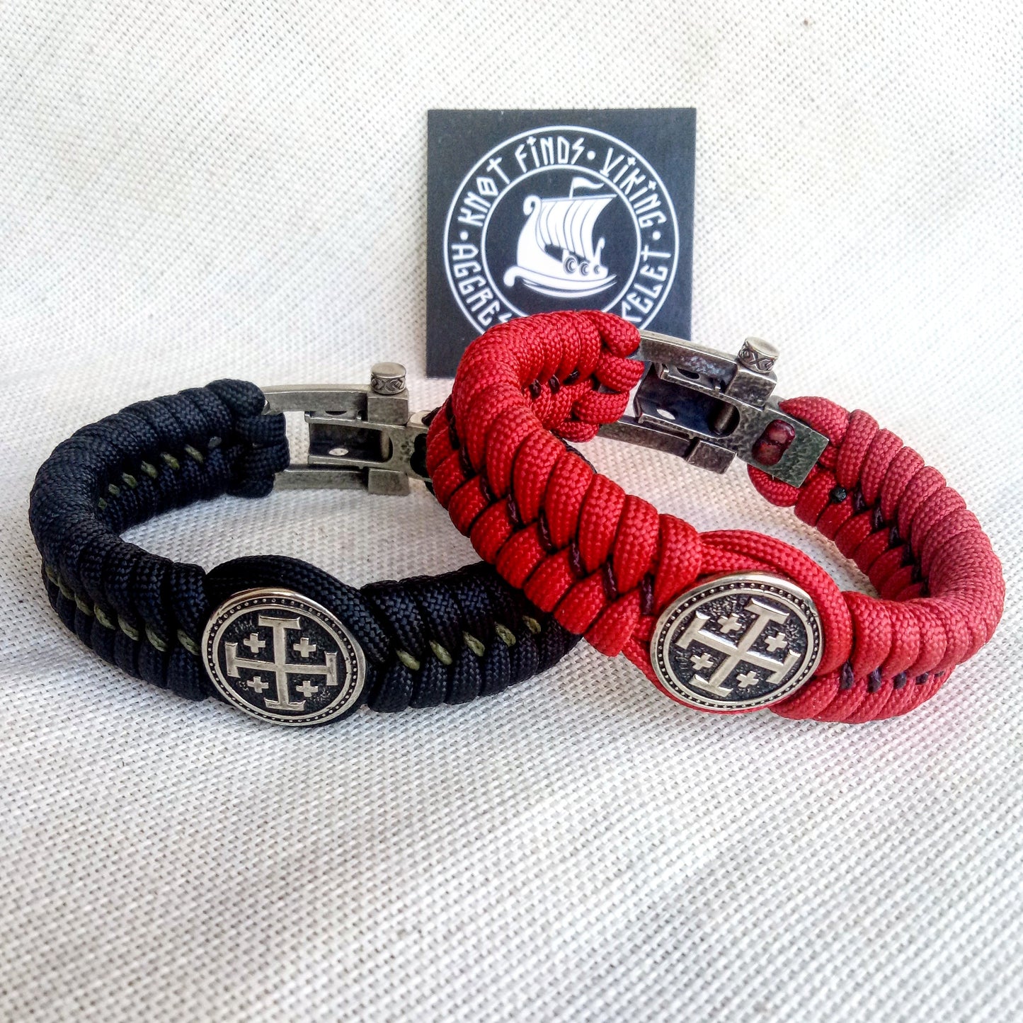 Black Paracord bracelet "JERUSALEM CROSS". The original brutal bracelet made of Celtic knots and beads. Scandinavian style.